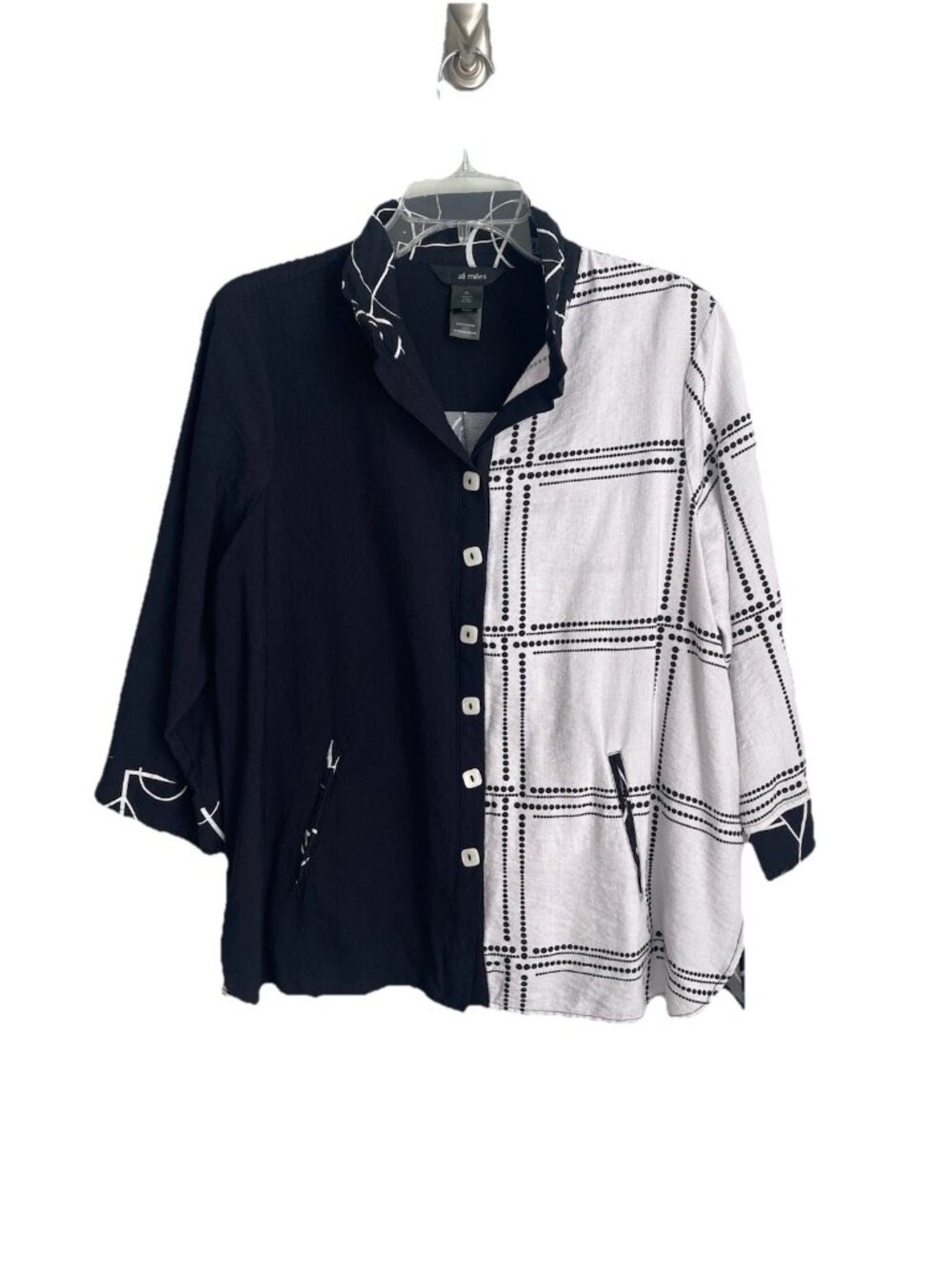 Ali Miles Black White Tunic Wired Collar Pockets 3/4 Sleeve Art to Wear
